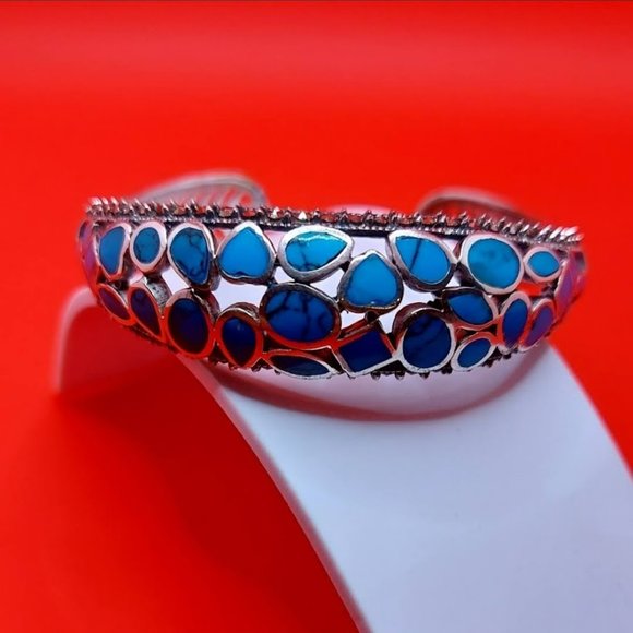 Natural Stabilized Blue Turquoise 7x5 mm & Marcasite 925 Sterling Silver Bangle - Picture 8 of 10